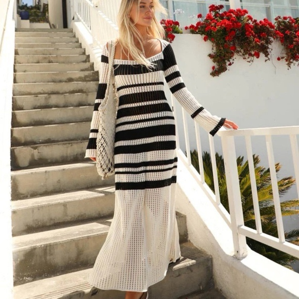 VRG GRL Work Of Art Crochet Maxi Dress in black and white stripe